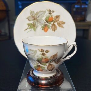 Royal Vale England Rosebud Bone China Teacup and Saucer Lucite Display Stand